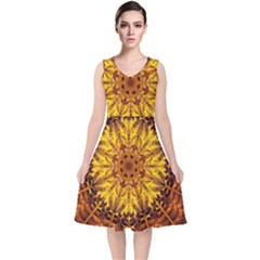 Abstract Gold Mandala Yellow V-neck Midi Sleeveless Dress  by uniart180623