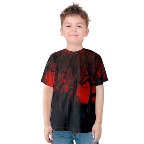 Dark Forest Jungle Plant Black Red Tree Kids  Cotton Tee by uniart180623