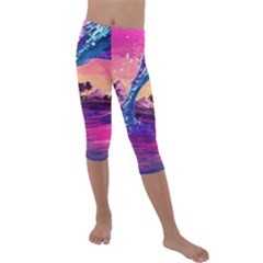 Retro Wave Ocean Kids  Lightweight Velour Capri Leggings 