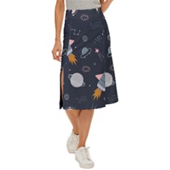 Space Background Illustration With Stars And Rocket Seamless Vector Pattern Midi Panel Skirt by uniart180623