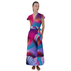 Colorful 3d Waves Creative Wave Waves Wavy Background Texture Flutter Sleeve Maxi Dress by uniart180623
