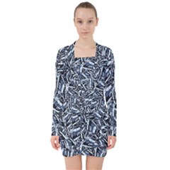 Cobalt Kaleidoscope Print Pattern Design V-neck Bodycon Long Sleeve Dress by dflcprintsclothing