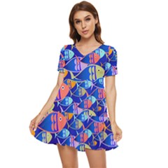 Sea Fish Illustrations Tiered Short Sleeve Babydoll Dress