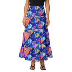 Sea Fish Illustrations Tiered Ruffle Maxi Skirt