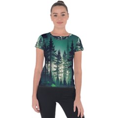 Magic Pine Forest Night Landscape Short Sleeve Sports Top  by Simbadda