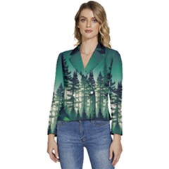 Magic Pine Forest Night Landscape Women s Long Sleeve Revers Collar Cropped Jacket by Simbadda