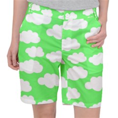 Green And White Cute Clouds  Women s Pocket Shorts by ConteMonfrey