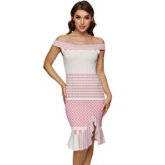 Background Pink Beige Decorative Texture Craft Off Shoulder Ruffle Split Hem Bodycon Dress by Simbadda