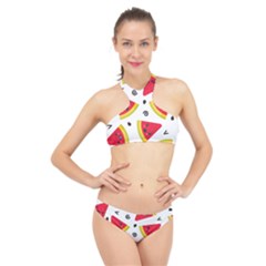 Cute Smiling Watermelon Seamless Pattern White Background High Neck Bikini Set by Simbadda