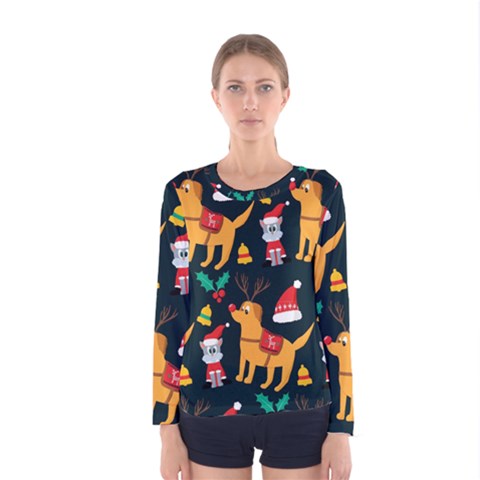 Funny Christmas Pattern Background Women s Long Sleeve Tee by Simbadda