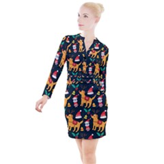 Funny Christmas Pattern Background Button Long Sleeve Dress by Simbadda