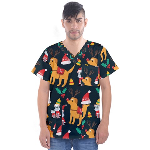 Funny Christmas Pattern Background Men s V-neck Scrub Top by Simbadda