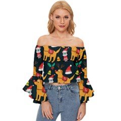 Funny Christmas Pattern Background Off Shoulder Flutter Bell Sleeve Top by Simbadda