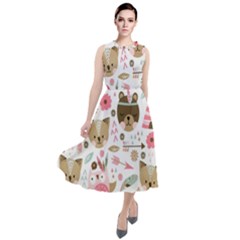 Pink Animals Pattern Round Neck Boho Dress by Simbadda