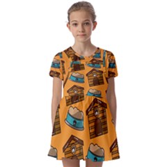 Pet House Bowl Food Seamless Pattern Kids  Short Sleeve Pinafore Style Dress by Simbadda