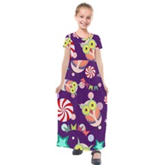 Owl Pattern Background Kids  Short Sleeve Maxi Dress by Simbadda