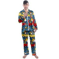 Seamless Pattern Vehicles Cartoon With Funny Drivers Men s Long Sleeve Satin Pajamas Set by Simbadda