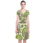 Seamless Pattern With Trees Owls Short Sleeve Front Wrap Dress