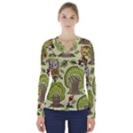 Seamless Pattern With Trees Owls V-Neck Long Sleeve Top