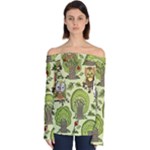 Seamless Pattern With Trees Owls Off Shoulder Long Sleeve Top