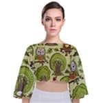 Seamless Pattern With Trees Owls Tie Back Butterfly Sleeve Chiffon Top