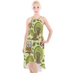 Seamless Pattern With Trees Owls High-Low Halter Chiffon Dress 
