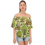 Seamless Pattern With Trees Owls Off Shoulder Short Sleeve Top