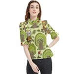 Seamless Pattern With Trees Owls Frill Neck Blouse