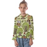 Seamless Pattern With Trees Owls Kids  Frill Detail Tee