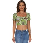 Seamless Pattern With Trees Owls Short Sleeve Square Neckline Crop Top 