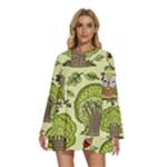 Seamless Pattern With Trees Owls Round Neck Long Sleeve Bohemian Style Chiffon Mini Dress