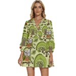 Seamless Pattern With Trees Owls V-Neck Placket Mini Dress