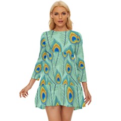 Lovely Peacock Feather Pattern With Flat Design Long Sleeve Babydoll Dress by Simbadda