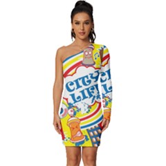 Colorful City Life Horizontal Seamless Pattern Urban City Long Sleeve One Shoulder Mini Dress by Simbadda