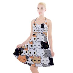Cute-cat-kitten-cartoon-doodle-seamless-pattern Halter Party Swing Dress  by Simbadda