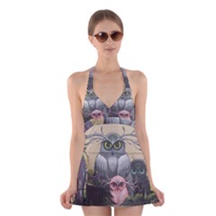 Graffiti Owl Design Halter Dress Swimsuit 