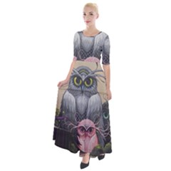 Graffiti Owl Design Half Sleeves Maxi Dress