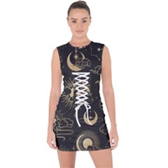 Asian-seamless-pattern-with-clouds-moon-sun-stars-vector-collection-oriental-chinese-japanese-korean Lace Up Front Bodycon Dress by Simbadda