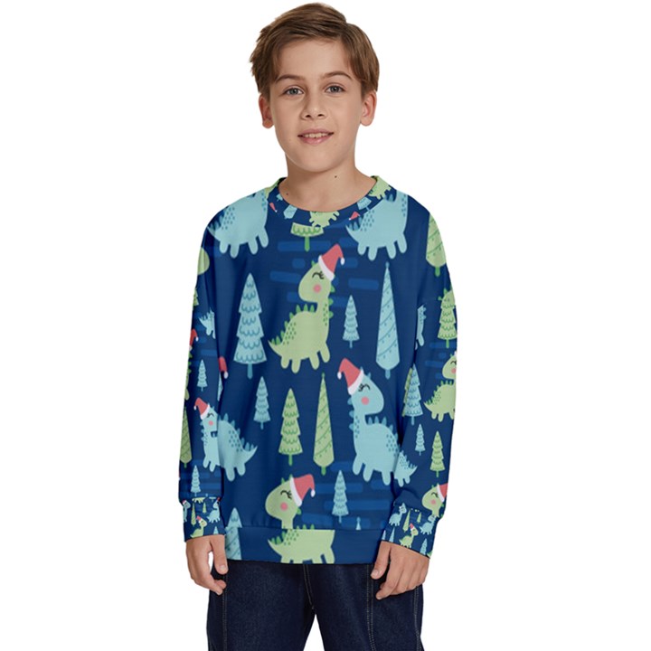 Cute-dinosaurs-animal-seamless-pattern-doodle-dino-winter-theme Kids  Crewneck Sweatshirt