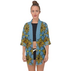 Gold Abstract Flowers Pattern At Blue Background Open Front Chiffon Kimono by Casemiro