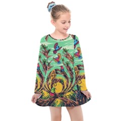 Monkey Tiger Bird Parrot Forest Jungle Style Kids  Long Sleeve Dress by Grandong