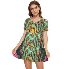 Monkey Tiger Bird Parrot Forest Jungle Style Tiered Short Sleeve Babydoll Dress by Grandong