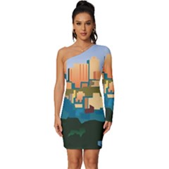 City Buildings Urban Dawn Long Sleeve One Shoulder Mini Dress by Bangk1t