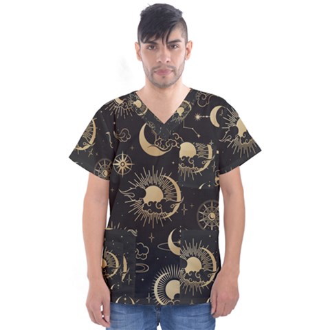 Asian Seamless Pattern With Clouds Moon Sun Stars Vector Collection Oriental Chinese Japanese Korean Men s V-neck Scrub Top by Bangk1t