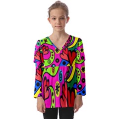 Seamless Doodle Kids  V Neck Casual Top by Bangk1t