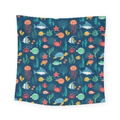 Variety Of Fish Illustration Turtle Jellyfish Art Texture Square Tapestry (small) by Bangk1t
