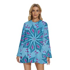 Flower Template Mandala Nature Blue Sketch Drawing Round Neck Long Sleeve Bohemian Style Chiffon Mini Dress by Bangk1t