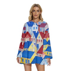 City Houses Cute Drawing Landscape Village Round Neck Long Sleeve Bohemian Style Chiffon Mini Dress by Bangk1t