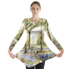 Trees Park Watercolor Lavender Flowers Foliage Long Sleeve Tunic  by Bangk1t