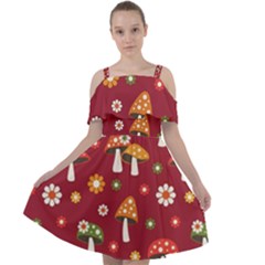 Woodland Mushroom And Daisy Seamless Pattern On Red Backgrounds Cut Out Shoulders Chiffon Dress by Amaryn4rt